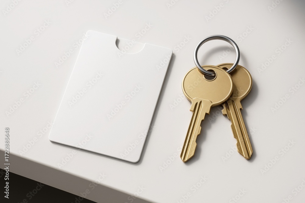 Poster blank white card and two golden keys on a clean light surface for branding or mockup presentation in