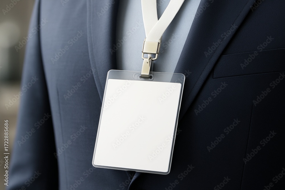 Poster blank badge mockup hanging from lanyard on business suit for branding and presentation design concep