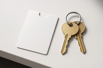 Blank white card and two golden keys on a clean light surface for branding or mockup presentation in a minimalist style concept layout. Ai generative