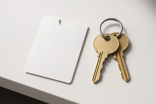 Blank white card and two golden keys on a clean light surface for branding or mockup presentation in a minimalist style concept layout. Ai generative