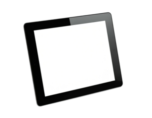 Sleek black tablet computer with blank white screen, angled slightly to the left, isolated on a transparent background