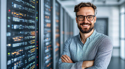 Confident man smiling in data center with server racks and glowing lights