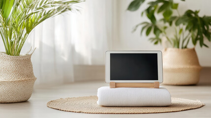 Tablet on stand displaying fitness video on towel in bright, organized space with plants