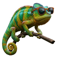 Obraz premium Cool chameleon wearing sunglasses sitting on branch basking in the sun's warmth