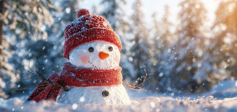 The cheerful snowman adorned with a red hat and scarf in a winter wonderland.