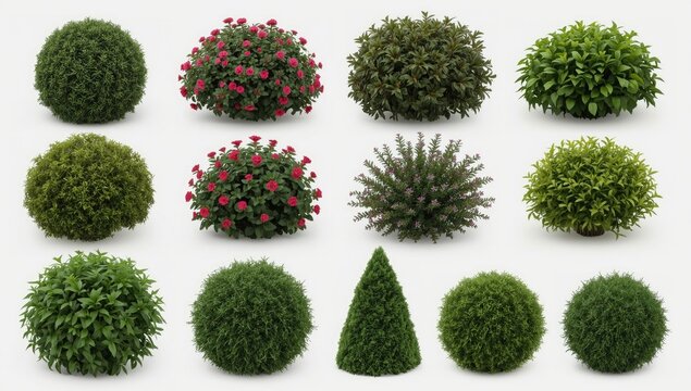 A collection of diverse bushes and shrubs, featuring various shapes and foliage types, set against a plain background.