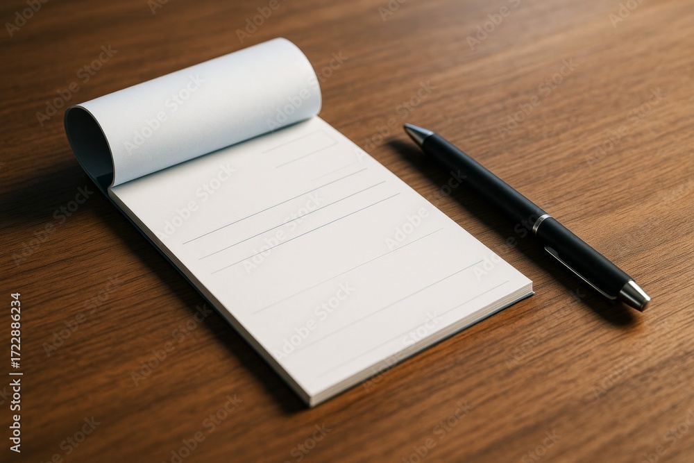 Poster blank notepad with pen placed on wooden desk surface, clean minimal business background with empty c