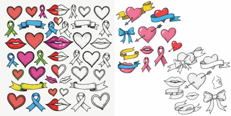 Obraz premium Colorful Hand-Drawn Collection of Hearts, Awareness Ribbons, Lips, and Decorative Banners