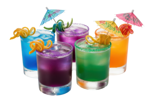 Four frosted glass tumblers with vibrant layered cocktails (blue, purple, green, orange), garnished with candied citrus and parasols, isolated on white, experimental mixology concept