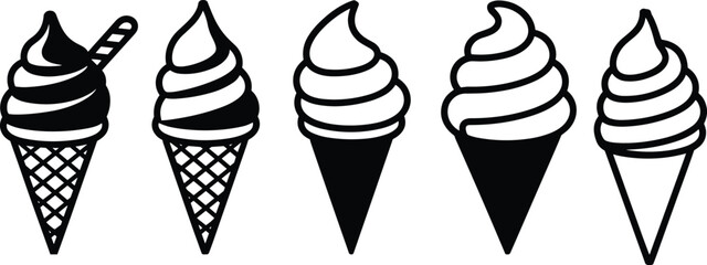 Ice cream cone illustrations, black and white vector, dessert design, sweet food art, summer treat, cartoon style, decorative icon, stock image, cafe branding, playful drawing