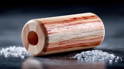 Wooden Massage Roller on Dark Surface with Salt Crystals in Soft Studio Lighting