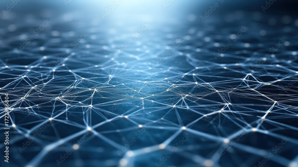 Poster digital network visualization with interconnected nodes and lines, creating futuristic