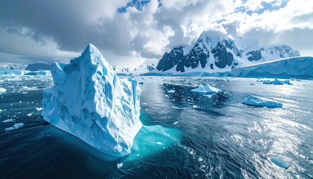 An iceberg drifts in shimmering, cold water under a dramatic sky with distant snow-capped mountains. Ice formations are prominent - Powered by Adobe