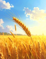 Golden wheat field under a bright, sunny sky with fluffy clouds. Single ear of wheat in focus, the scene evokes warmth and abundance