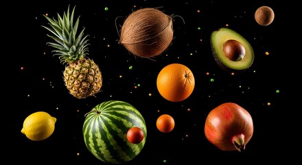 A vibrant collection of fresh fruits, including pineapple, watermelon, and orange, floating in space against a dark background