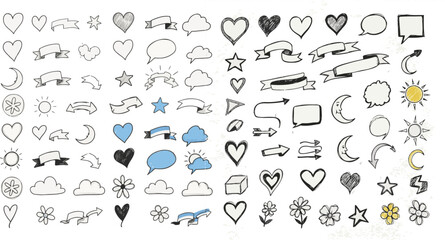 Diverse Hand-Drawn Doodle Style Icons and Graphic Elements Collection