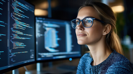 Focused woman programming with multiple monitors displaying code and software development