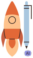 Rocket and pen evoke innovation and creativity, while AI chip highlights modern technology. Ideal for progress, startup, design, education, AI, tech entrepreneurship. Clean simple flat metaphor
