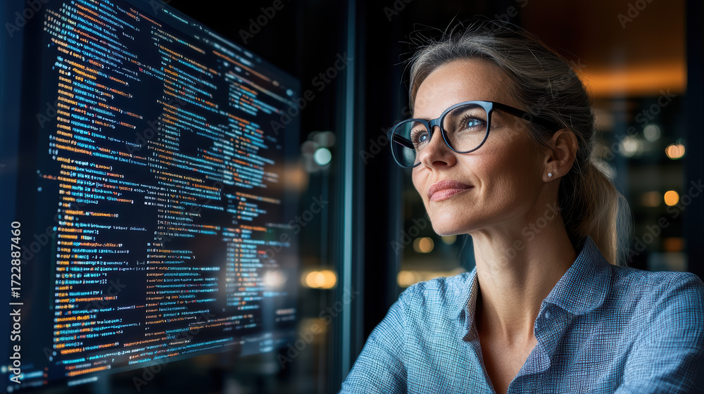 Poster woman programming with code displayed on screen, showcasing focus and determination