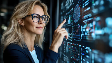 Innovative woman analyzing data on digital screen with graphs and charts, showcasing technology