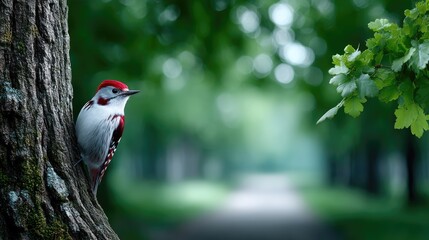 Woodpecker Perched on Textured Tree Trunk in Lush Green Forest with Blurred Background, Bright Red Cap, Black and White Feathers