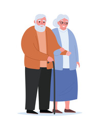 An elderly couple walking together. Love and care in old age. Vector flat graphics.