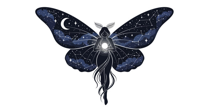 Celestial moth deity illustration with starry wings and moon crescent design concept