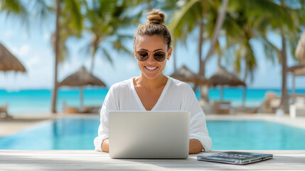 Woman is happily typing on laptop by poolside, surrounded by palm trees and beautiful ocean view