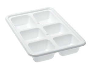 White rectangular plastic tray with six square compartments, slightly raised edges, and a matte finish