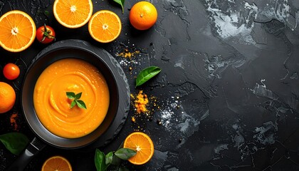 Orange soup in pan, garnished with fresh herbs