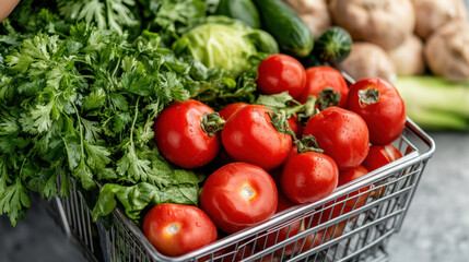 Fresh tomatoes, leafy greens, and cucumbers fill shopping cart, showcasing vibrant produce