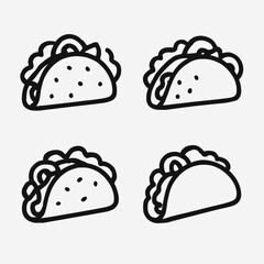 Four black and white line art illustrations of tacos, featuring a simple and cartoonish design, perfect for food-related graphics.