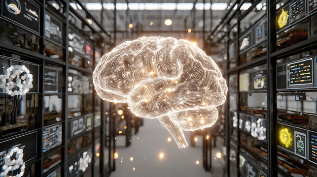 Holographic brain projection in a high-tech laboratory environment with digital displays and scientific data.