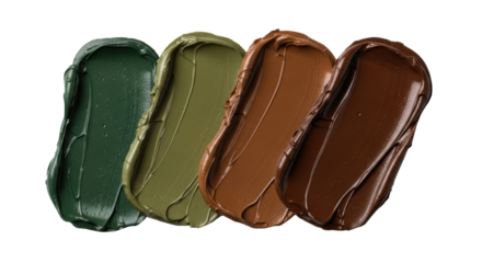 Four viscous paint swatches with impasto texture, matte finish, fanned from forest greens to earthy browns, on white background, extreme macro. Organic artistry and natural pigments