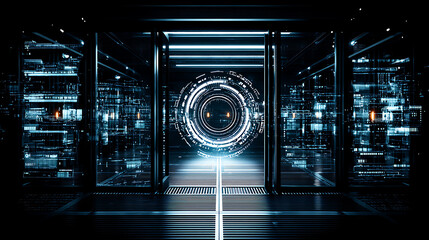 Futuristic server room with illuminated data centers and a glowing circular portal at the end of a corridor