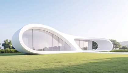 A futuristic, white, curved, oval-shaped house with large windows and a green lawn in the background 