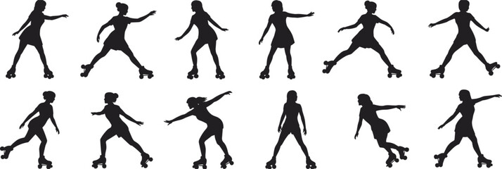 Roller skating silhouettes, human motion poses, black and white vector, athlete movement, sports design, fitness art, dynamic action, animation reference, stock image, exercise illustration
