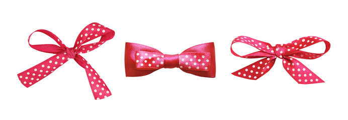 Set of pink silk polka dot ribbon bow isolated on white or transparent background
