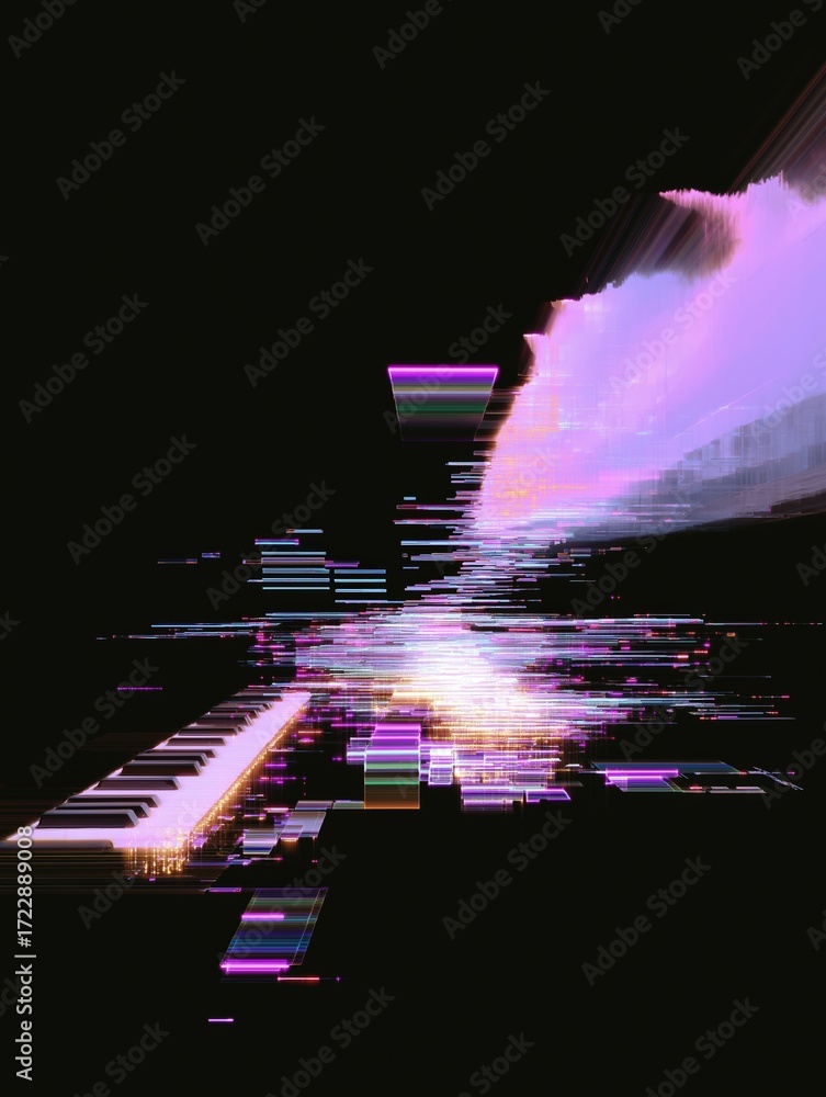 Aufkleber abstract digital art piece with a black background. the focal point of the image is a piano keyboard