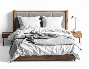Modern bedroom with a wooden bed and cozy linens