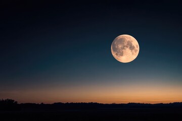 Full moon in the night sky over the field. Beautiful landscape.