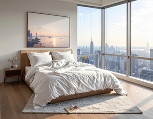 Modern bedroom with city skyline view at sunset