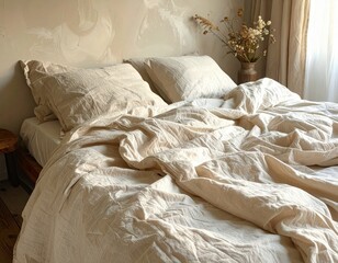 Cozy bedroom with rumpled beige bedding and soft lighting