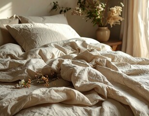 Cozy bed with textured blankets and dried flowers