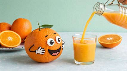 
Cute anthropomorphic orange holding a jug and pouring golden citrus juice into a clear drinking...