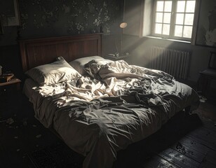 Sunlit bedroom with unmade bed and rustic decor