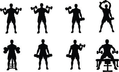 Dumbbell exercise silhouette set, black, standing and seated poses, bicep curls, overhead lifts, fitness theme, vector workout illustration bundle