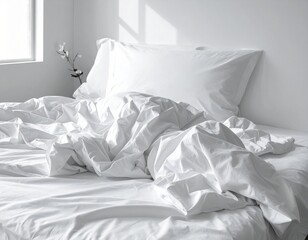 Cozy white bedding in a bright room