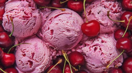 Macro Photography of Pink Cherry Ice Cream Scoops with Fresh Red Cherries in Soft Natural Light