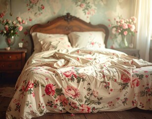 Cozy floral bedding in a sunlit bedroom